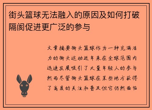 街头篮球无法融入的原因及如何打破隔阂促进更广泛的参与